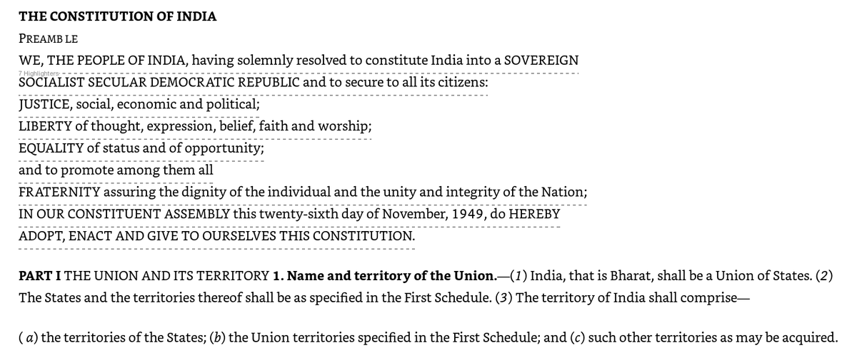 The Constitution starts with the Preamble (Amended by the 42nd Constitutional Amendment (1976)) and moves on to Part 1 Article 1