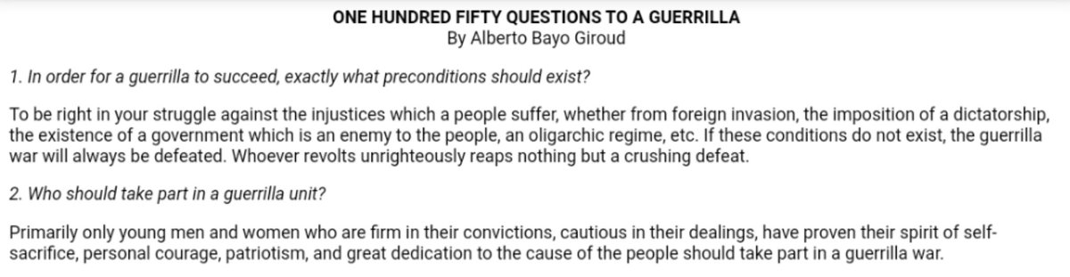 To start, let's look at his idea of what conditions are needed for Guerrilla war and who should participate.Bayo believed that a government must be clearly "the enemy of the people" and that only strong willed youth could achieve victory /4