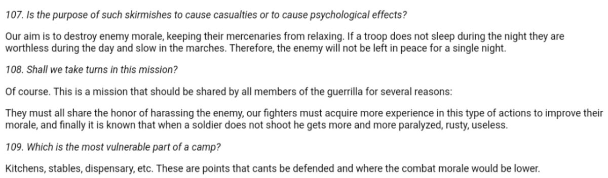 Bayo here describes much of what Guerrilla tactics are, not designed to kill, but terrify an occupying force, and how to do that /9