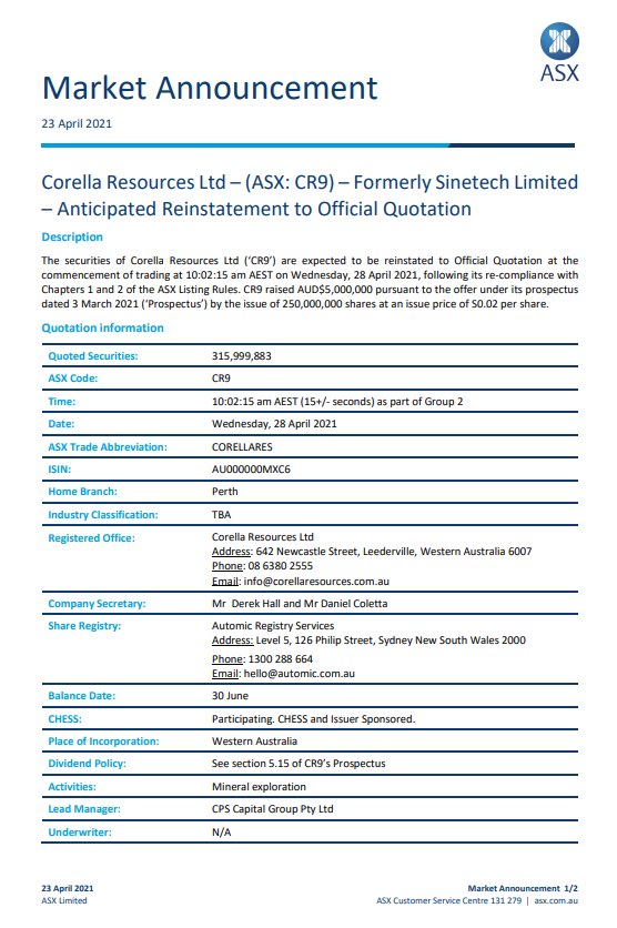 Cps Capital Cps Capital Group Is Pleased To Have Acted As Lead Manager To The Tony Cormack Led Corella Resources Cr9 5m Capital Raising Enabling Its Reinstatement To The Asx On Cps Capital Cps Capital Group Is Pleased To Have Acted As Lead Manager To The Tony Cormack Led Corella Resources Cr9 5m Capital Raising Enabling Its Reinstatement To The Asx On