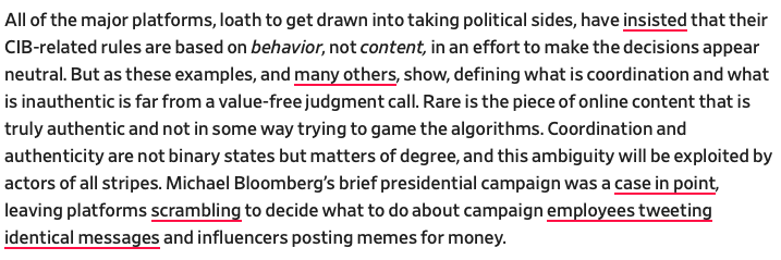 Here's  @evelyndouek in July 2020 on the weirdly uncritical acceptance of FB's awkward, squishy "coordinated inauthentic behavior" frame, and why that might turn out to be a problem: @https://slate.com/technology/2020/07/coordinated-inauthentic-behavior-facebook-twitter.html