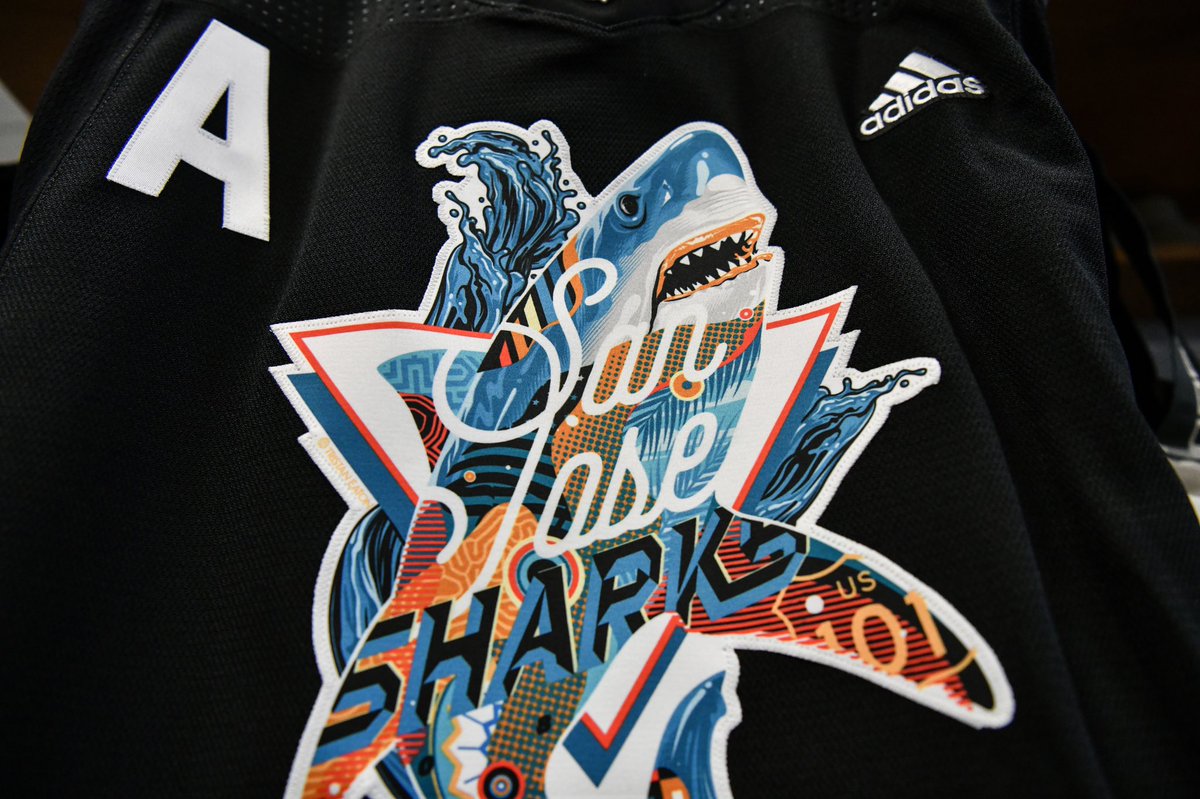 SanJoseSharks's tweet photo. That Los Tiburones 🔥 courtesy of @tristaneaton. 

Tonight’s warmup jersey auction opens  at 7:30pm and benefits @GOTR_SV!

Register 👉 https://t.co/EliVVEu6gy https://t.co/ZjtB6VnDmx