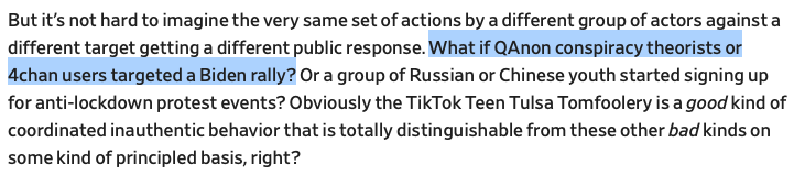 Here's  @evelyndouek in July 2020 on the weirdly uncritical acceptance of FB's awkward, squishy "coordinated inauthentic behavior" frame, and why that might turn out to be a problem: @https://slate.com/technology/2020/07/coordinated-inauthentic-behavior-facebook-twitter.html