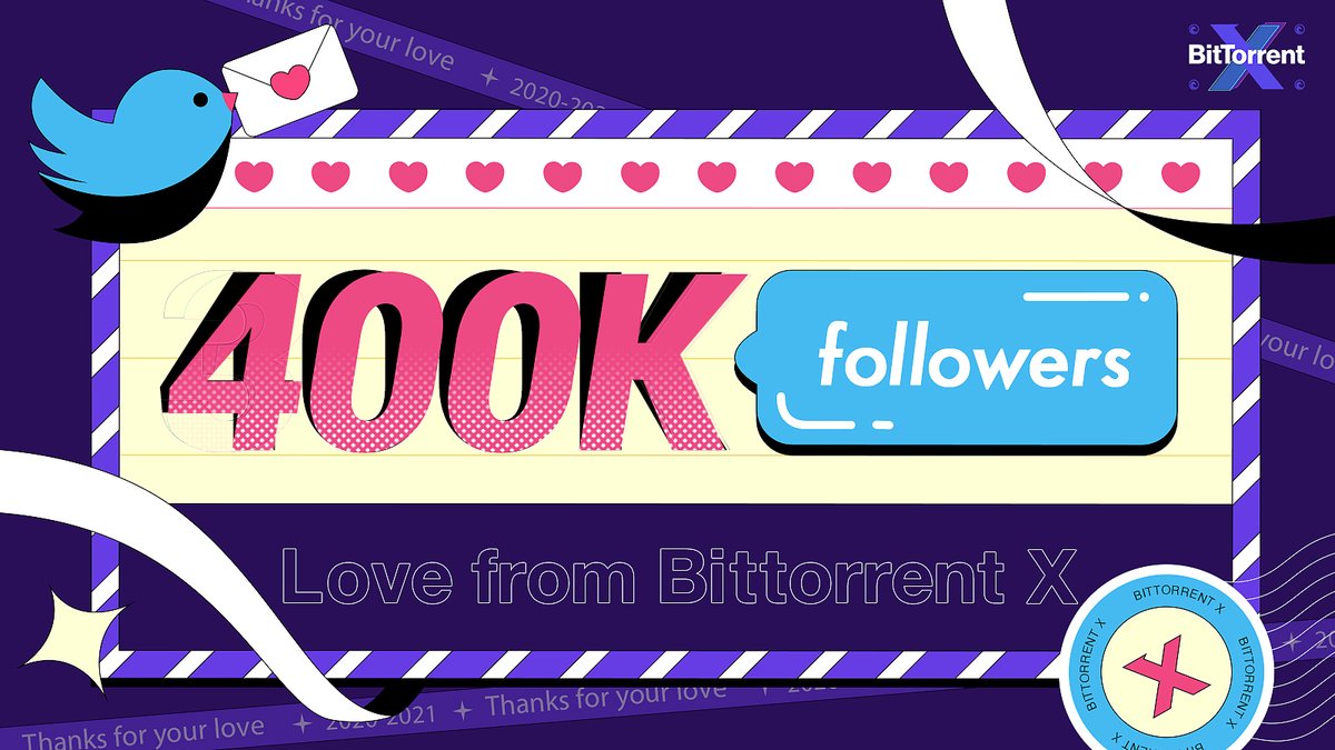 BitTorrent (@bittorrent) on Twitter photo 🥳#400K followers, new milestone achieved for <a href="/BitTorrent/">BitTorrent</a>!
🥲Not enough gratitudes and appreciations can be expressed. Sincere love to you all from the every #BitTorrent Staff!❤️
#BitTorrent #BTT #BTFS #DLive #uTorrent 🥳#400K followers, new milestone achieved for <a href="/BitTorrent/">BitTorrent</a>!
🥲Not enough gratitudes and appreciations can be expressed. Sincere love to you all from the every #BitTorrent Staff!❤️
#BitTorrent #BTT #BTFS #DLive #uTorrent