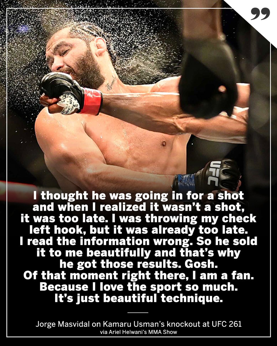 espnmma's tweet photo. Jorge Masvidal can appreciate "beautiful technique," even if he's on the wrong end of it. 

(via @arielhelwani) https://t.co/U441Oi8krz