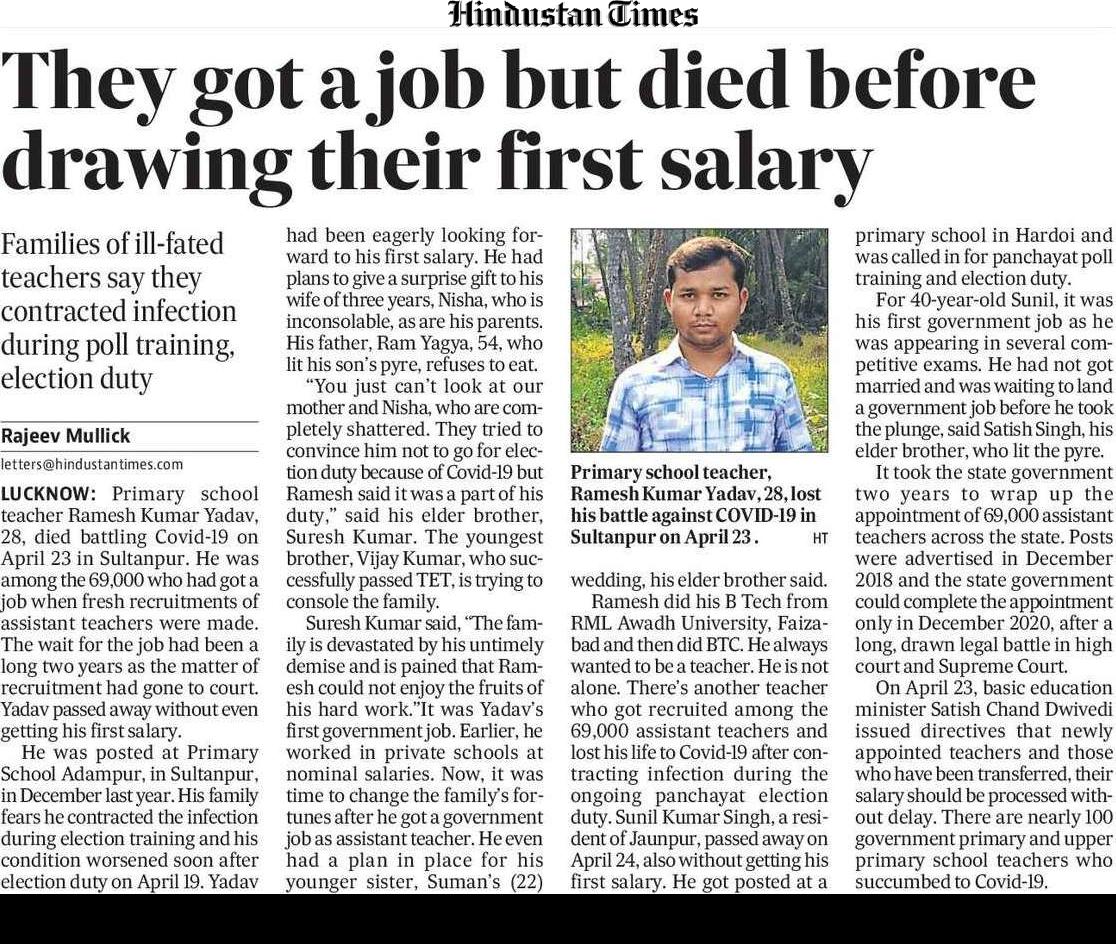 rmulko's tweet photo. Primary school teacher Ramesh Kumar Yadav, 28, died battling #COVID19 on April 23. He was among those who got a job when recruitments of 69,000 assistant teachers were made. Yadav passed away without even getting his first salary.
#postponeUPElection

https://t.co/HrOhbevxgm https://t.co/m2WCaFh9RZ