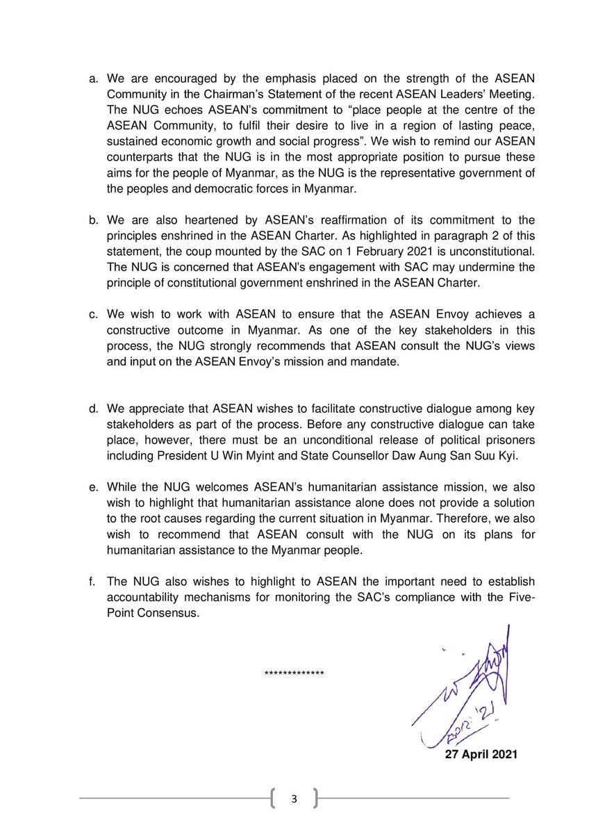 Statement by H.E. Mahn Winn Khaing Thann, 
Prime Minister, National Unity Government of Myanmar 
on the ASEAN Leaders’ Meeting held in Jakarta, Indonesia 
on 24 April 2021