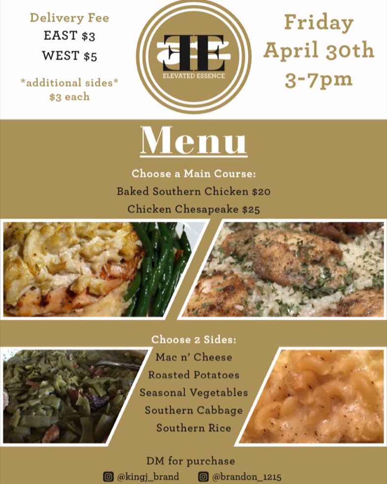 This Friday it’s on! If you’re in Baltimore, Order Now! 

Choose you main dish & 2 sides. DM me for purchase and get the dopest food of your life! 
.
.
. 
#elevatedessence #menu #cooking #catering #chef #baltimore #blackownedbusiness #baltimorechef #baltimorefood