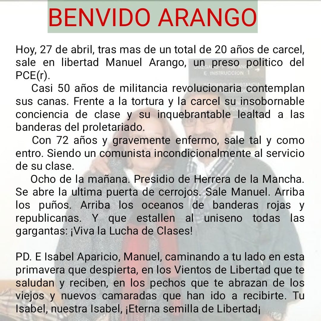 Comite_SPP's tweet photo. Manuel Arango xa está nas rúas! Benvido https://t.co/rEVP1YBVnL