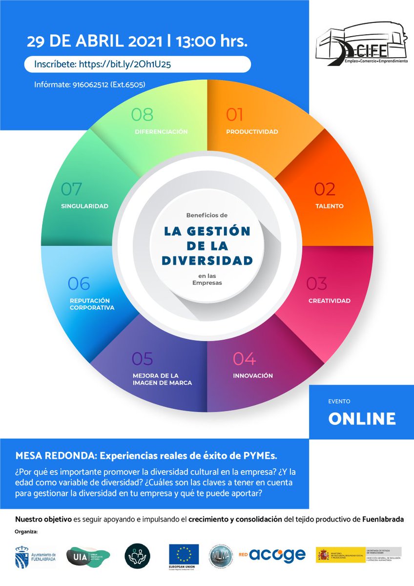 #EventoOnline 💻 Descubre cómo gestionan la #diversidad las #EmpresaInnovadoras y qué #beneficios obtienen ✅ Este jueves 29 de abril 🗓️ a las 13:00 en esta mesa redonda que coorganiza <a href="/milmafuenla/">MILMA Fuenlabrada</a>  
¡𝗜𝗻𝘀𝗰𝗿𝗶𝗽𝗰𝗶𝗼𝗻𝗲𝘀 𝗮𝗯𝗶𝗲𝗿𝘁𝗮𝘀! milma-fuenlabrada.es/es/actualidad/…