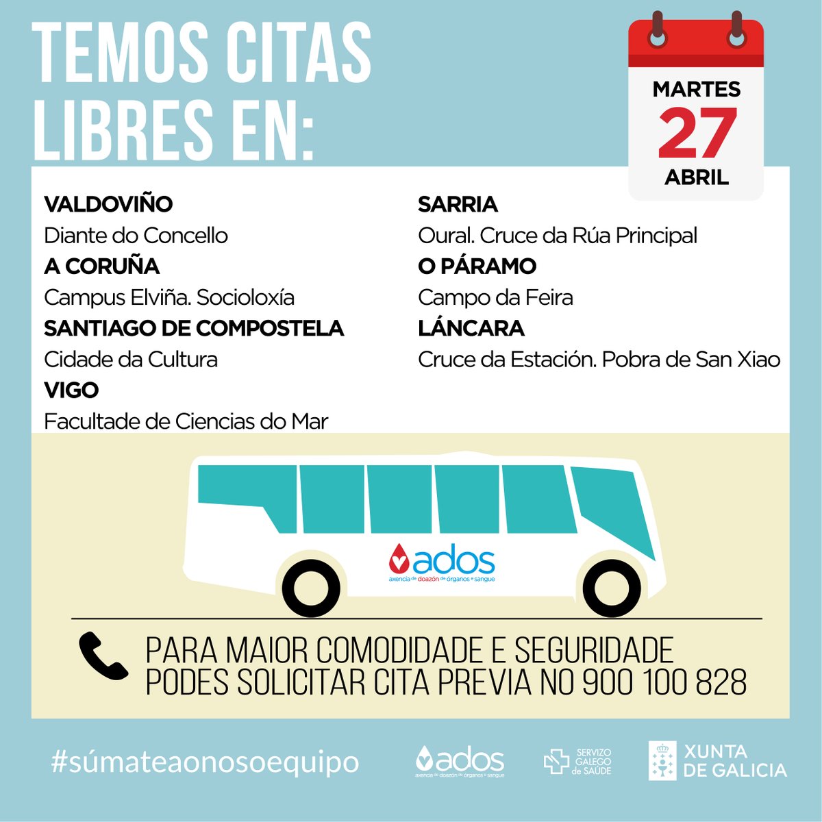 🚌 Achégate doar a estas unidades móbiles, onde quedan algunhas citas libres para hoxe!

📞 Para maior comodidade e seguridade podes solicitar cita previa no 900 100 828. 

#ÚnenosOSangue #súmateaonosoequipo