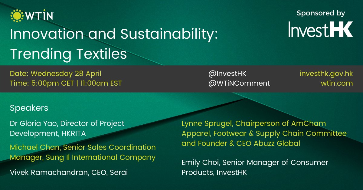 Time is running out to register for tomorrow <a href="/InvestHK/">InvestHK</a> #webinar. Register here: bit.ly/3tYgSdf

In this webinar, you will learn about trending innovations and sustainability in #textiles, and hear about the landscape of #sourcing in the future.