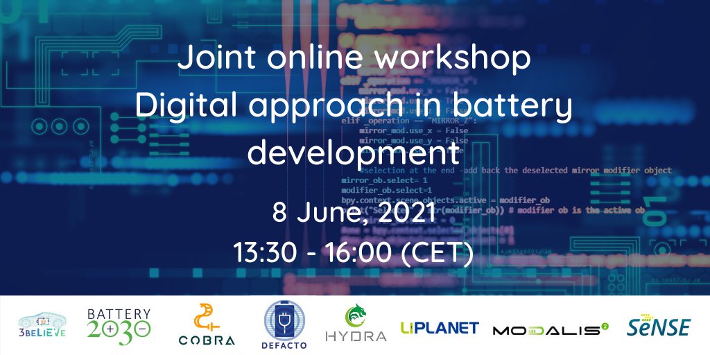 DefactoProject's tweet photo. 🙋Registration to our online #workshop #Digital approach in #battery development is now opened!
🗓️8 June⏰13:30-16:00 (CET)
👉👉https://t.co/S8KKR9BIkf
@3believeProject @2030Battery @COBRA_batteries @DefactoProject @Hydra_battery @LiPlanetH2020 #MODALIS2 @H2020Sense @CIDETEC_ https://t.co/p1PVUW0Urd