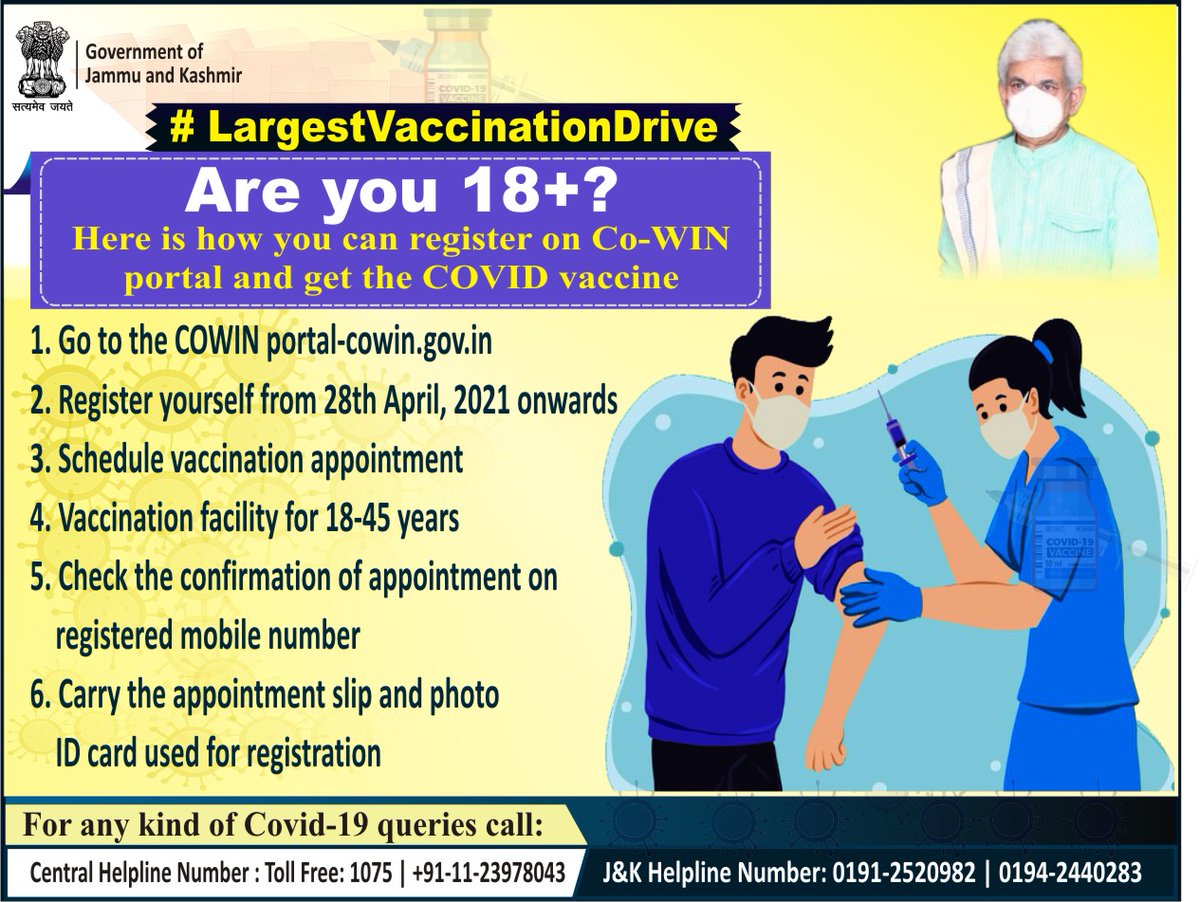 OfficeOfLGJandK's tweet photo. Are you above 18 yrs. 
Follow these easy steps to register yourself for #COVID19Vaccine on https://t.co/u3RTCnfReZ
Registration starts from 28, April, 2021 for all between 18-45 yrs of age. 
#LargestVaccineDrive 
#COVID19Vaccination 
#Unite2FightCorona https://t.co/XVcSRdLEgM