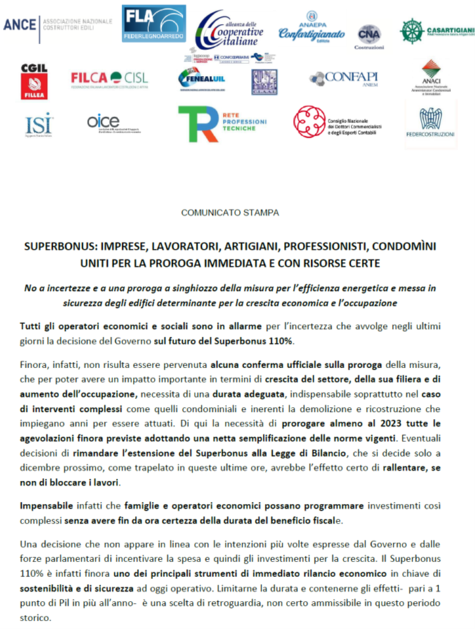 Comunicato stampa su SUPERBONUS 110