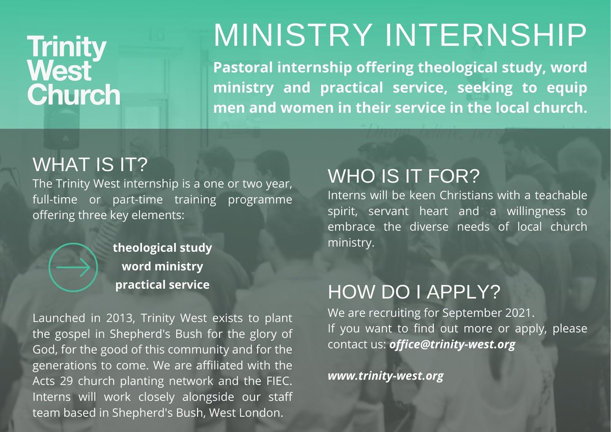trinitywestsb's tweet photo. Are you interested in applying to the Trinity West internship programme starting this September? Do you know someone who might be? To find out more, please email us at office@trinity-west.org. https://t.co/U6e8EsvYu9