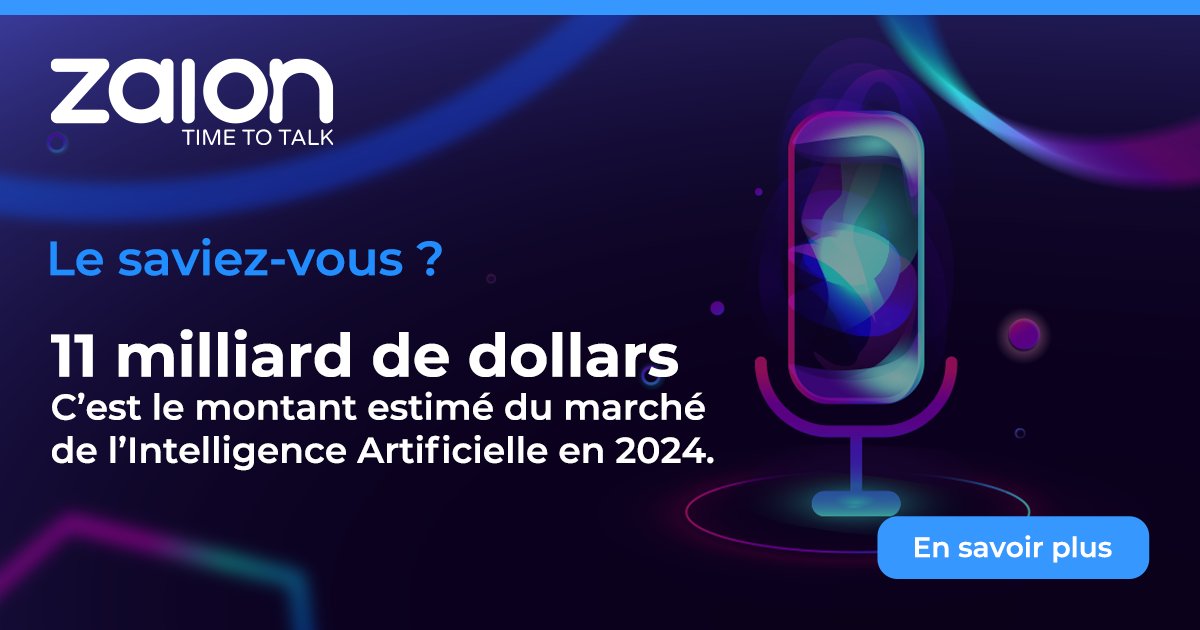 Zaion_IA's tweet photo. Le marché de l'#IntelligenceArtificielle devrait dépasser 11 milliards de dollars d'ici 2024, d’après le cabinet d’analyse @tractica
#Zaion s'appuie sur l'#IA pour proposer des solutions de #RelationClient via des #Callbots
👉 Découvrir Zaion : https://t.co/uw19zvQNPn https://t.co/drTYKK59yx