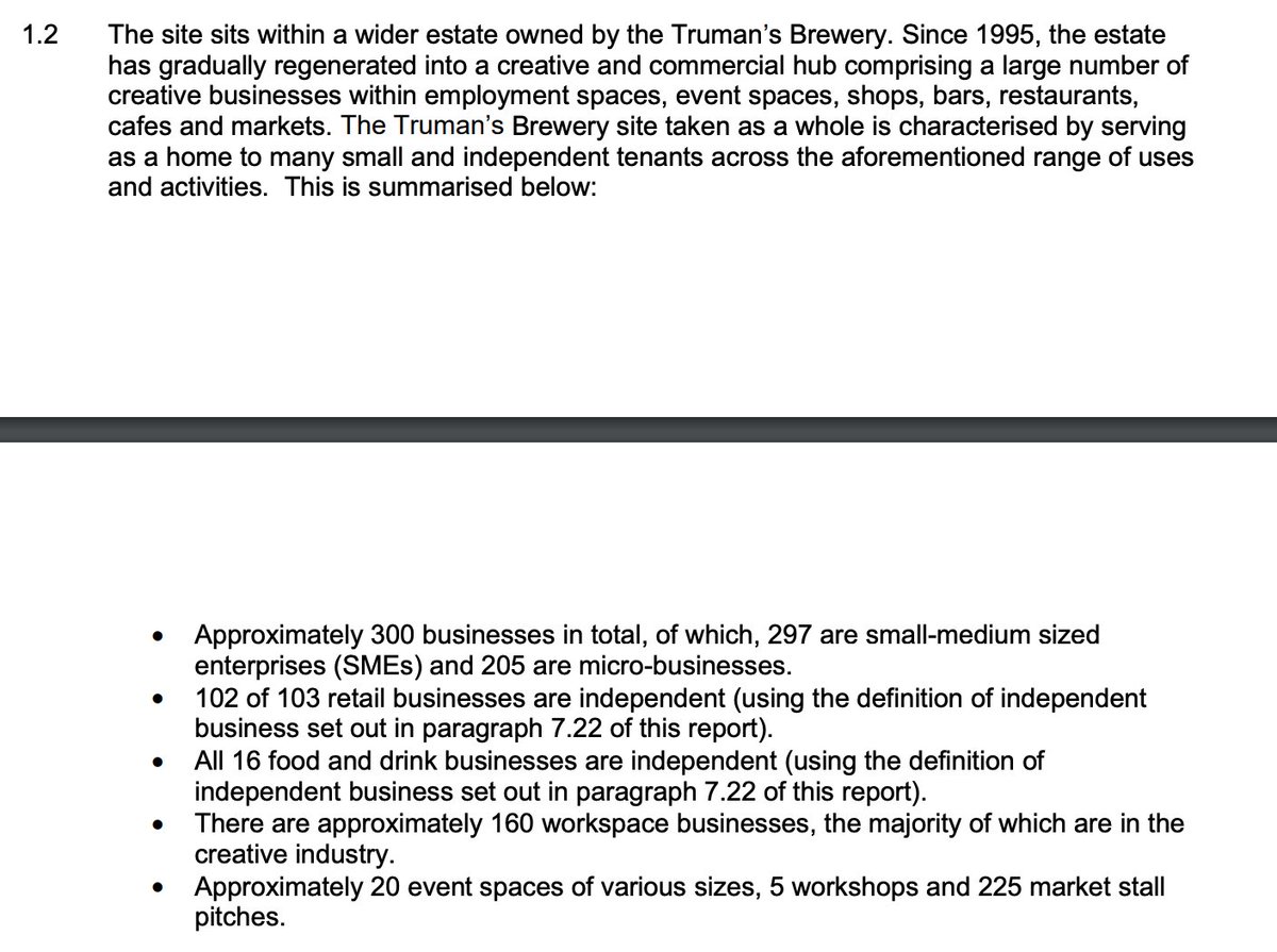 before deciding whether to approve/rejectCouncil report tonight makes clear tonight the range of employment & economic uses of the wider Truman Brewery site. this is a key issue, the range of employmentTo be replaced by offices, 1 restaurant, 15 shops https://democracy.towerhamlets.gov.uk/documents/s184536/PA2000415U.pdf4/