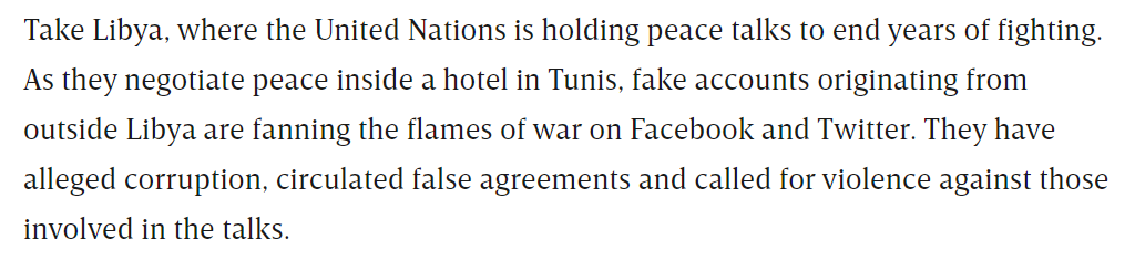 Policy debate on regulating big tech and  #disinfo is skewed towards the problems of the Western world. But social media does the most real-world harm in places already wracked by conflict – especially by undermining peace talks, as we’ve seen in  #Libya and elsewhere (2/7)