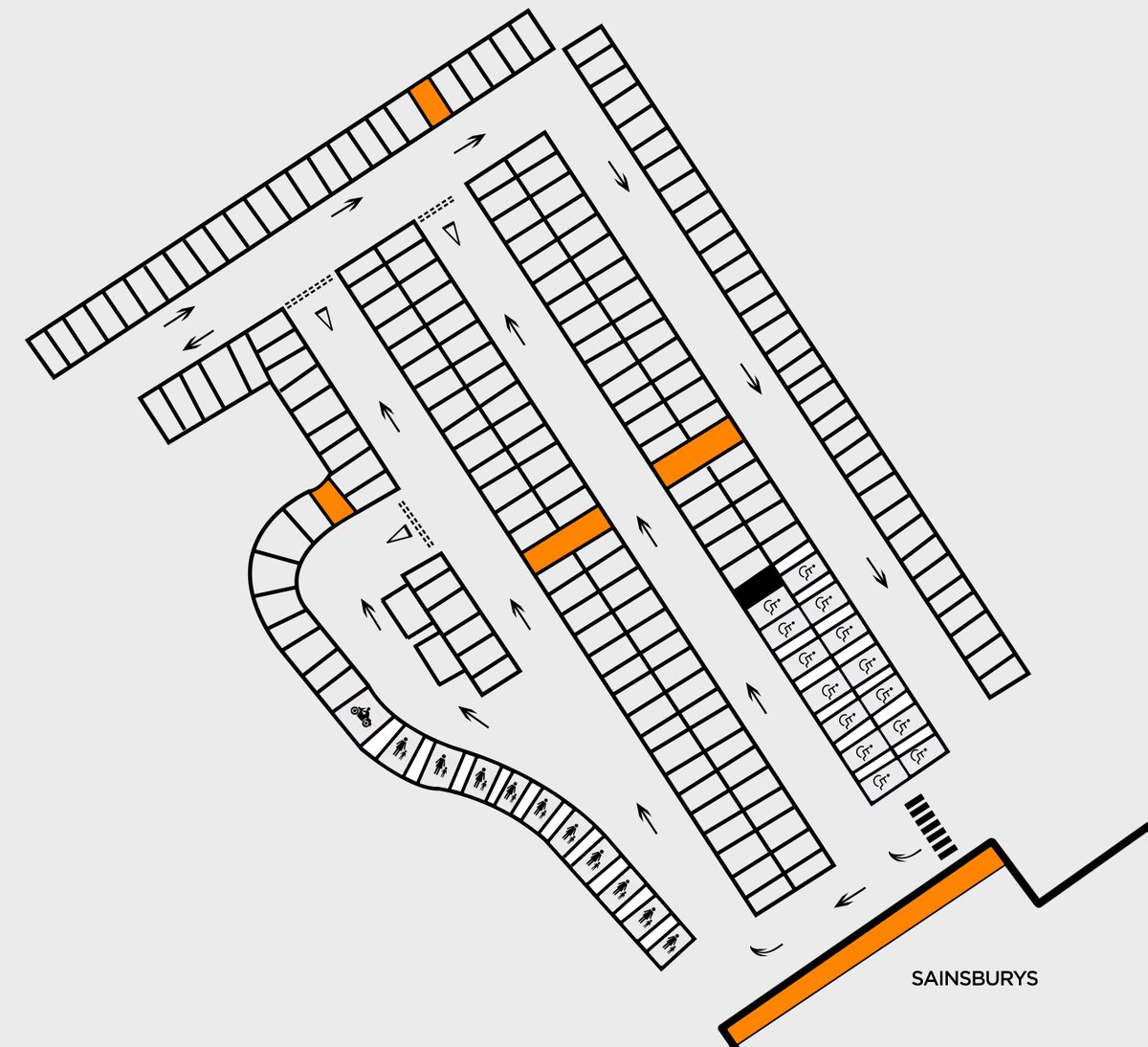 The orange boxes dotted around the car park are trolley bays, the black space is an irregular shaped patch which is too small for a car and is therefore void and then there are a number of family, disabled and a motorcycle bays.
