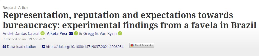 PMReview_'s tweet image. André Dantas Cabral, @alketapeci &amp;amp; @GGVanRyzin probe how citizens in a Brazilian favela perceive agencies with differing reputations when the agency leader is more or less representative of the favelados tandfonline.com/doi/full/10.10… #representativebureaucracy
