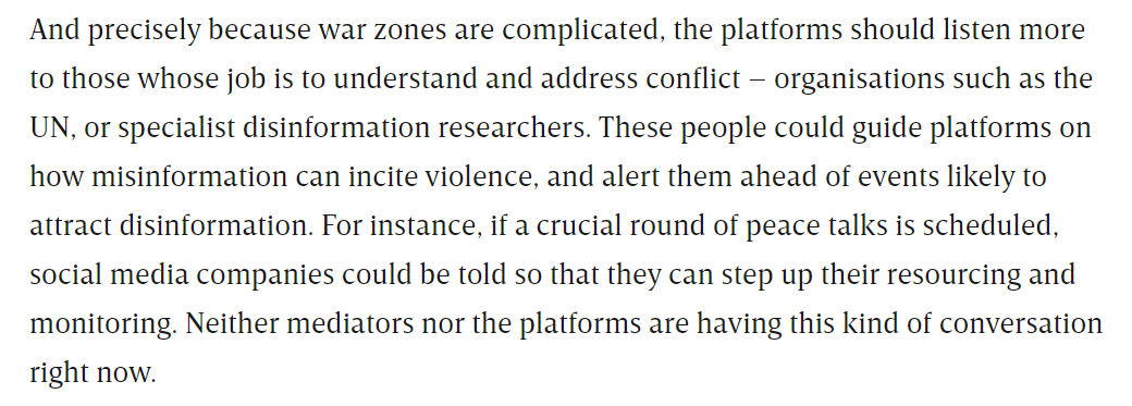 Understanding what’s happening in conflict zones is hard. Peace processes are unpredictable. All the more reason for social media platforms and conflict experts from the likes of  @UN and  @CrisisGroup to talk to each other to identify which peace talks are most at risk (4/7)