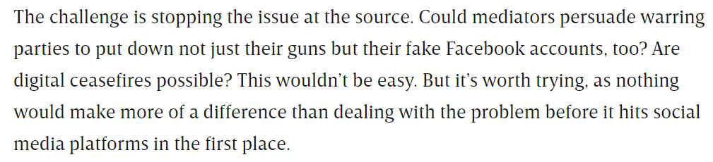 Conflict mediators should step up too. We are used to talking to warring parties about their behaviour offline – but not about what they do online. This is hard but not impossible. We need to make ceasefires and political agreements fit for the digital age. (5/7)