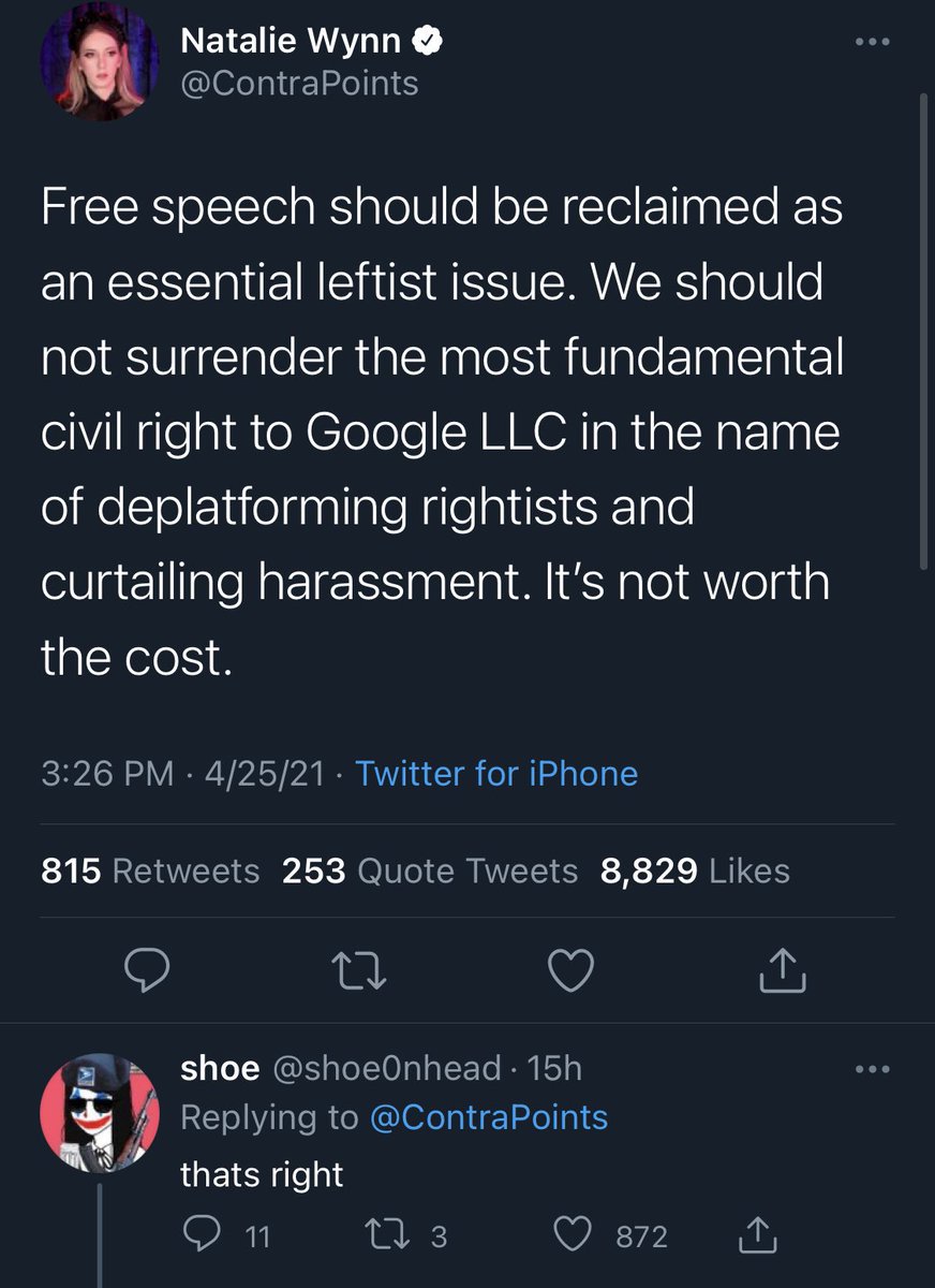 Where the fck to even start.First off, i think stopping the massive spread of misinformation and curtailing harassment are incredibly desirable goals, and if she has any alternate ideas on how to do that, then I’d love to hear them.