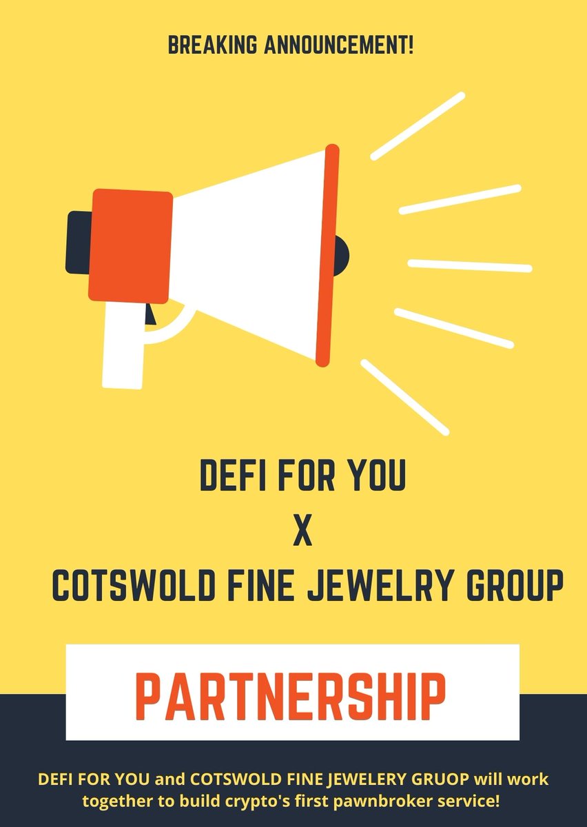 📢 Crypto's FIRST EVER pawn brokerage is in motion! 

DeFi For You has partnered with Cotswold Fine Jewelry Group to build the first blockchain-based pawn brokerage. 

DeFi has a new player in town.