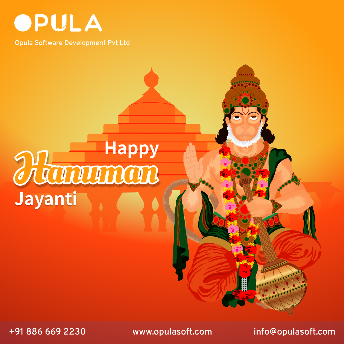 SoftwareOpula's tweet image. May Lord Hanuman bless your life with happiness, peace and prosperity. Wish you all a very Happy Hanuman Jayanti.

#hanumanji #bajrangbali #lordhanuman #hanumanchalisa #jaihanuman #hanumanjayanti #jaishreeram #hindu #jaishriram #ram #hinduism #jaibajrangbali  #lordrama  #ramayana