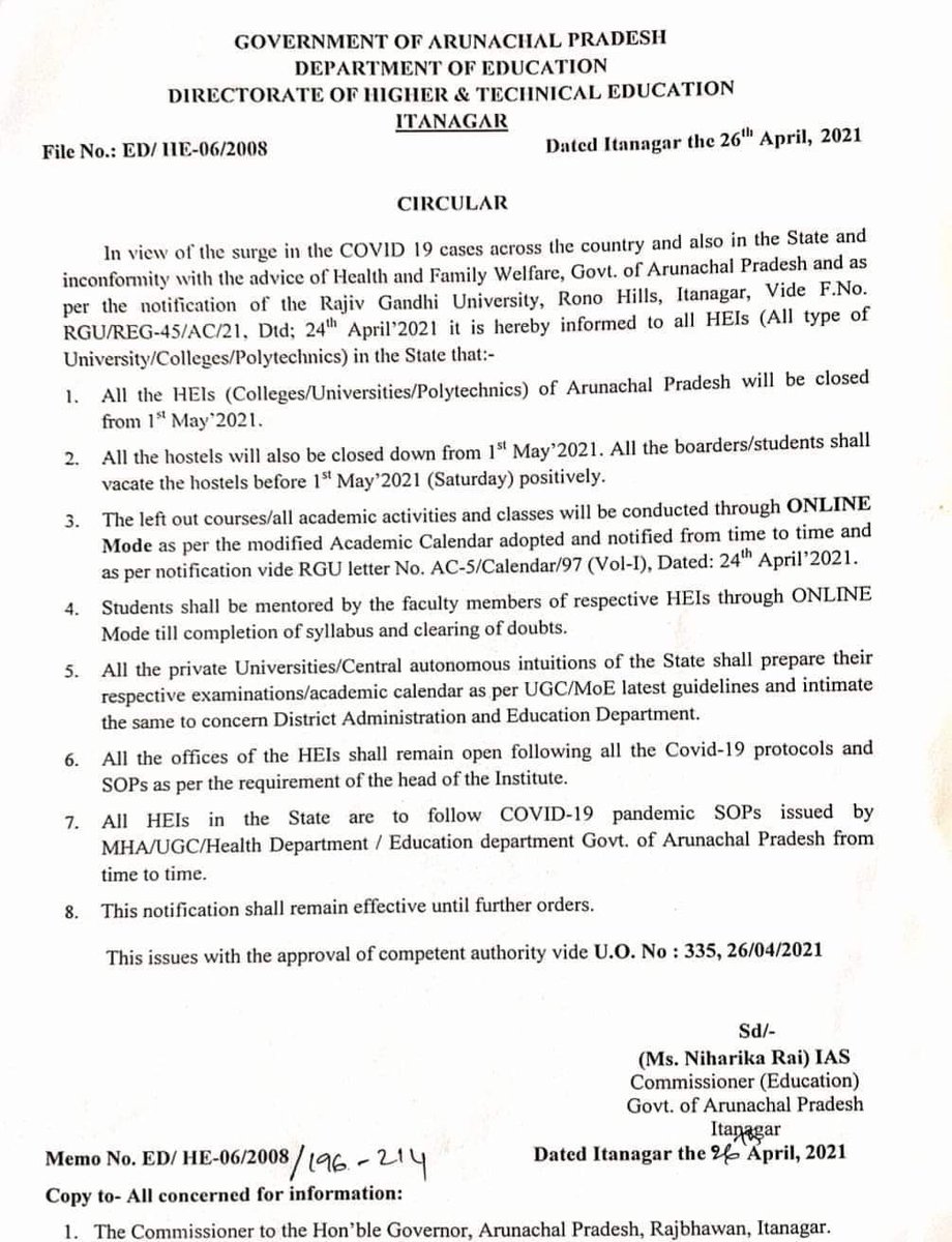 MyGovArunachal's tweet photo. Department of Education, Government of Arunachal Pradesh (#GoAP) issued new circular, dated 26th April, 2021. The following will be applicable as per notification.
#education 
#IndiaFightsCorona 
#ArunachalFightsCorona
#WearMaskBeSafe 
#Covid19Awareness https://t.co/ZvHk2PCE98