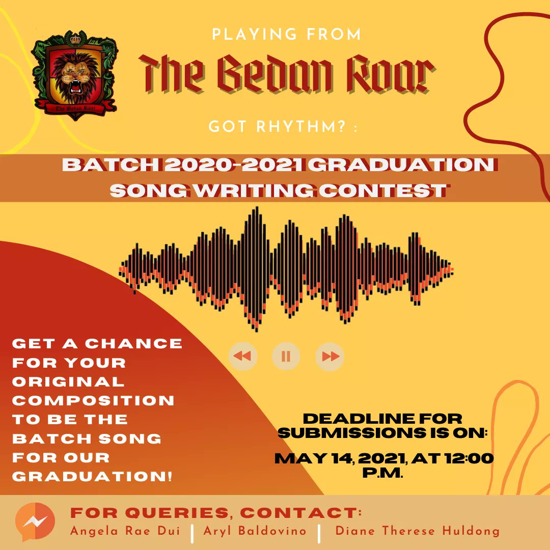 bedanroarsbca's tweet photo. Bedans! Dance to the beat of the drum as you join TBR's Graduation Songwriting Contest. The winning piece gets to be the BATCH SONG for Batch 2020-2021's Commencement Exercises. Show us what you got, Lions! ❤🦁 https://t.co/Y9fe7Wqzgo