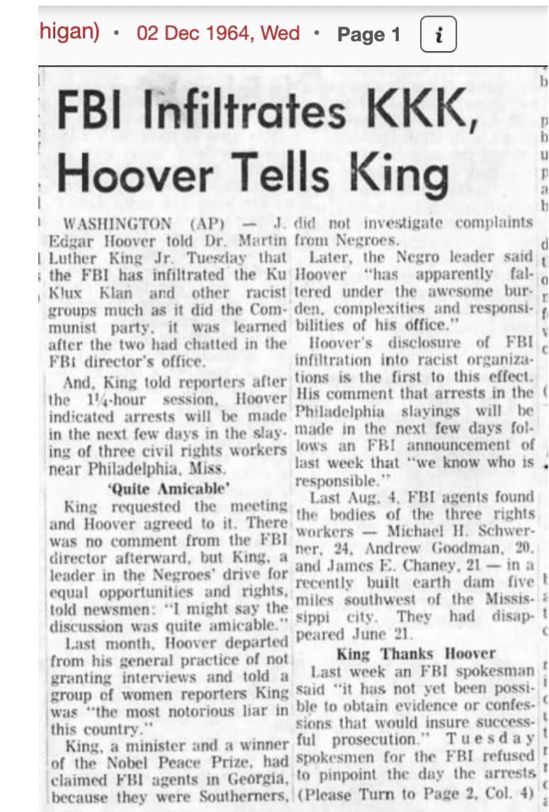 the FBI has always attempted to play a double game, seeking to destroy black activists while feigning concern for white supremacists.This meeting took place 10 days after the FBI sent an anonymous letter to MLK trying to convince King to kill himself->  https://www.nytimes.com/2014/11/16/magazine/what-an-uncensored-letter-to-mlk-reveals.html