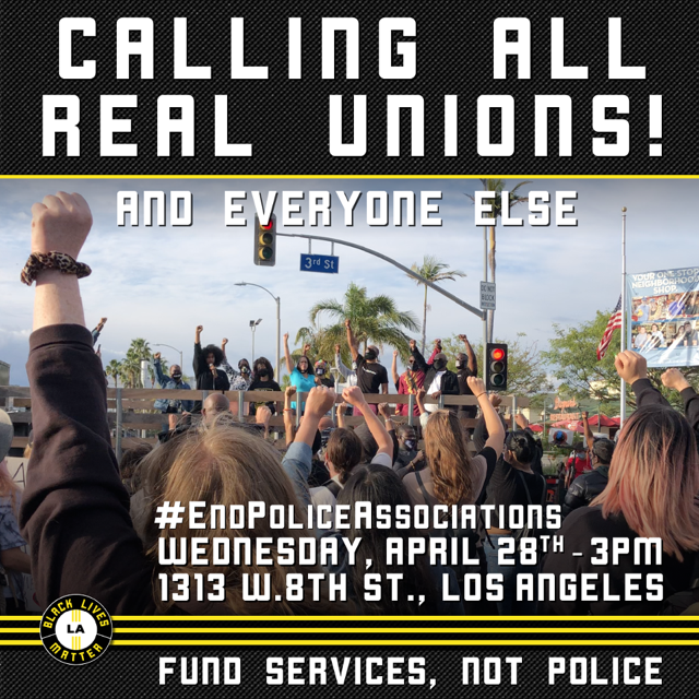 SFBLBL_LA's tweet photo. 🚨🚨🚨
CALLING ALL REAL UNIONS!

SFBLBL will be attending the @BLMLA lead rally at ACLU SoCal this Wed 4/28 @ 3pm.

May Day Theme!

Wear:
🧑‍🏭 Union Gear
🌹 DSA Gear
🚩 Red

#EndPoliceAssociations #FundServicesNotPolice https://t.co/kBRoGHvILO