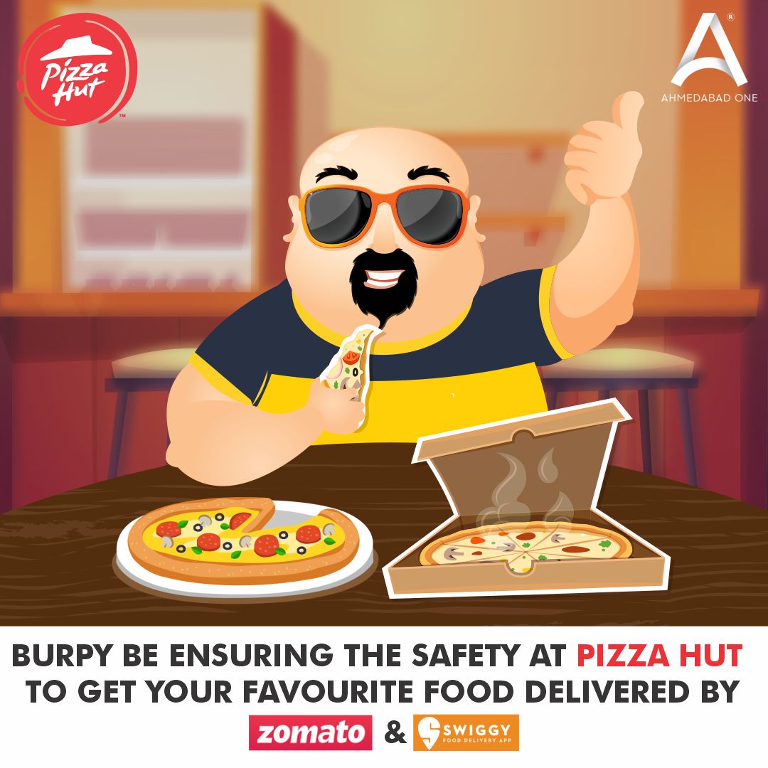 Burpy be ensuring utmost hygiene and extreme precautions at your doorstep as you savor the #Pizza you have been craving for! Order from #PizzaHut at #AhmedabadOne on #Zomato or #swiggy #IndianMalls #NexusMalls #Ahmedabad #MallsInAhmedabad #onlinefooddelivery #orderonline #food