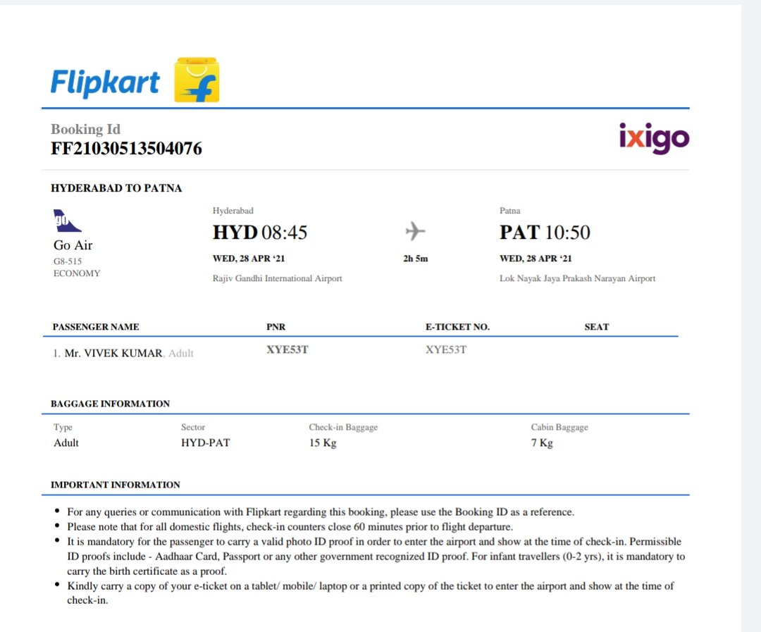 SUSHANT2809's tweet photo. Booked a GoAir 515 tkt through flipkart from hyd to patna ..flight got cancelled..So i cancelled my ticket through flipkart..Now my full refund is denied by flipkart..Please look @Flipkart @flipkartsupport @goairlinesindia @DGCAIndia @HardeepSPuri https://t.co/yjB02G2DJR