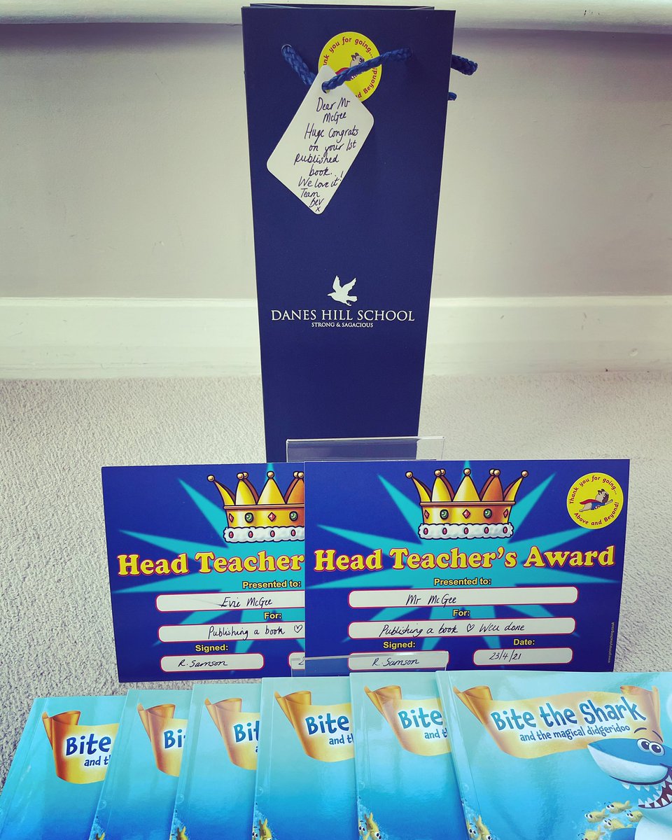 TheNigelMcGee's tweet photo. Thank you so much to Mrs Samson and all @bevendeanschool @DaneshillPrep for the Head Teacher’s award 🥇 for publishing a book (and a generous gift 🍾!). Evie and I have never been so proud! Thank you so much! 🙏

#grateful
#bitethesharkbook
#buybite
#newchildrensbook 
#booklaunch https://t.co/mCxrkbW1jI