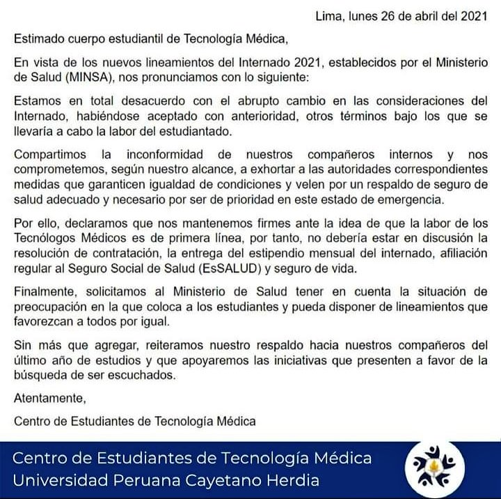 DignoYa's tweet photo. ¡CENTRO DE ESTUDIANTES DE TECNOLOGÍA MÉDICA DE LA UPCH!
👏🏻 👏🏻 👏🏻
#InternadoDignoYa #internado2021
¡SIGAMOS SUMANDO FUERZAS! https://t.co/eNa51ZB0tC