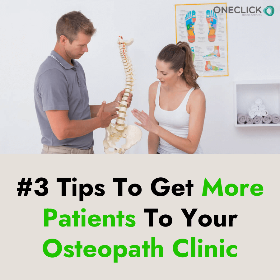 #3 Tips To Get More Patients To Your Oestopath Clinic

1. Modernise your website
2. Start a small Google Adwords Campaign. 
3. Every client that visits your clinic get them to give you a Google review the same day with an incentive.

#osteopathy #digitalmarketingcompany