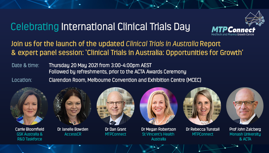 To celebrate #ICTD2021, join us on 20 May in Melb for the launch of our latest report ‘Clinical Trials in Australia’ &amp; hear a stellar panel discussion. Kicking off at 3pm prior to <a href="/ACTA_org/">ACTA: Australian Clinical Trials Alliance</a> Clinical Trials 2021: National Tribute &amp; Award Ceremony. Register bit.ly/3tWQosK