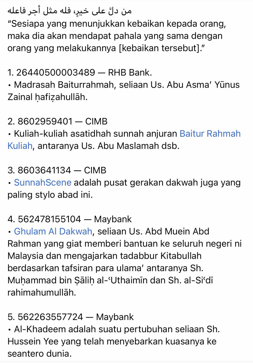 James On Twitter Rakan Baik Us Dzulkarnain Sunusi حفظه الله 8 16010001006711 Bank Mualamat Akademi Darul Tauhid Seliaan Us Abu Humayd حفظه الله 9 562209652281 Maybank Baitussalam إن