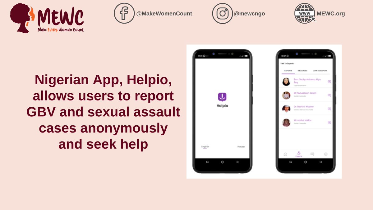 🇳🇬Nigerian Software Developer, Sa'adat Aliyu (<a href="/IAmSoosy/">Sa'adat Aliyu 💫</a>), developed <a href="/HelpioNigeria/">Helpio Nigeria</a> to be a safe platform for survivors &amp; guardians to report sexual abuse,  chat with counsellors &amp; more.
📱Download it here: play.google.com/store/apps/det…
💁🏿‍♀️Read about it here: mewc.org/index.php/gend…