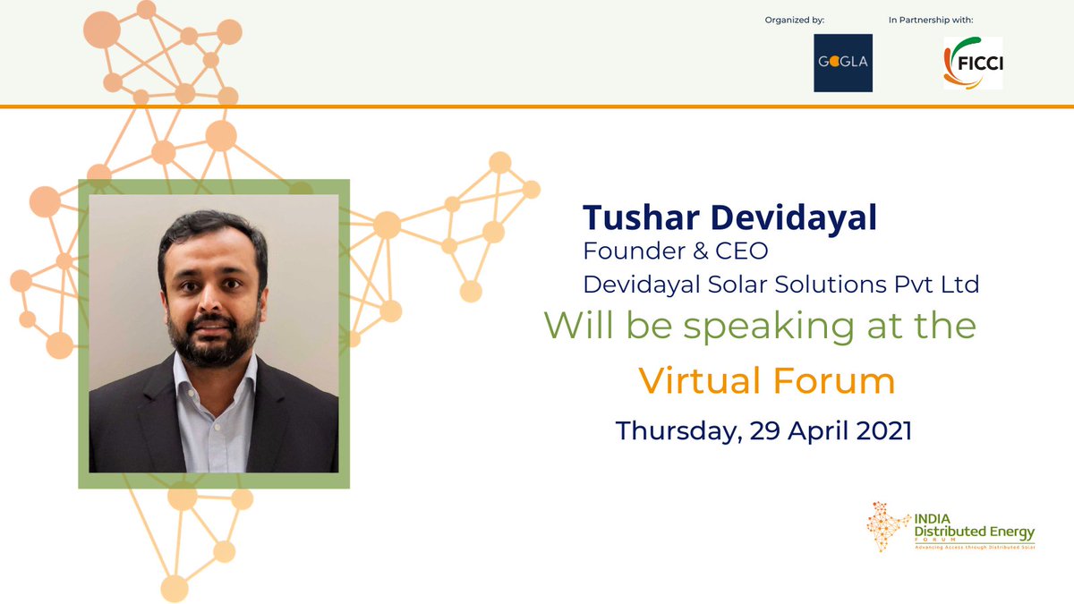 Save the date! Mr. Tushar Devidayal will be speaking at #IDEF 2021 to be held on 29 April 2021.
Register today and join us for discussions on the future potential for decentralized #solar in #India: bit.ly/3cdbRah