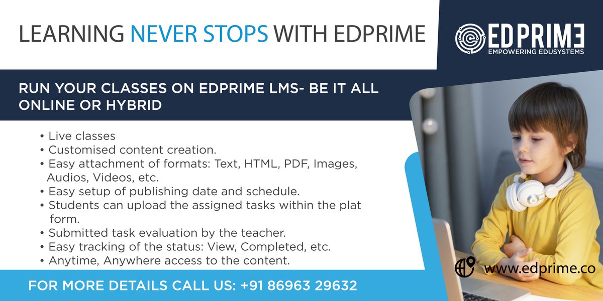 EDPRIMEOfficial's tweet photo. Harness the power of EdPrime LMS to ensure that Learning Never Stops!
Book a Free Demo Now- https://t.co/6MhoMqUaBg
Call Us: +91 86963 29632
#learningmanagment #learningmanagementsystem #virtualclassroom #onlinelearning #OnlineEducator #onlineeducation #virtuallearning #edtech https://t.co/zPlG8UrNhp