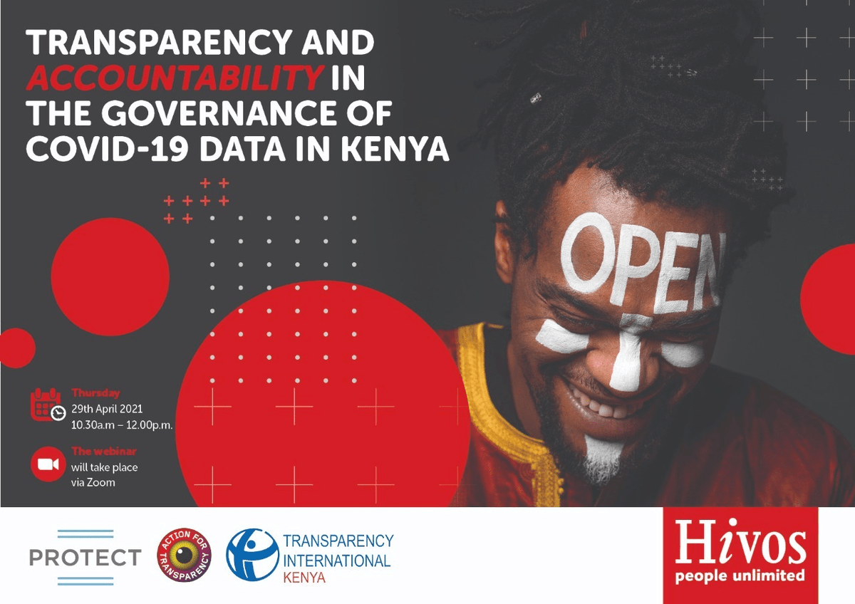 Join us for a webinar on April 29th, 2021 as we discuss Transparency &amp; Accountability in the governance of #COVID19 data in Kenya. 

Register here: bit.ly/2QCa5Yn 
#MonitoringCovidAccountability <a href="/hivosroea/">Hivos East Africa</a> <a href="/a4tkenya/">Kataa Ufisadi</a> <a href="/MOH_Kenya/">Ministry of Health</a> <a href="/Twaweza_Ke/">Twaweza Kenya</a> <a href="/MzalendoWatch/">Mzalendo</a> <a href="/KELINKenya/">KELIN</a>
