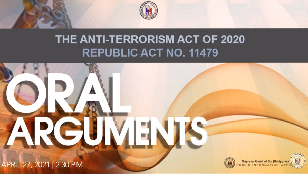 Fifth day of the oral arguments on the Anti-Terrorism Act has just started. Counsels for petitioners and Solicitor General Jose Calida present.