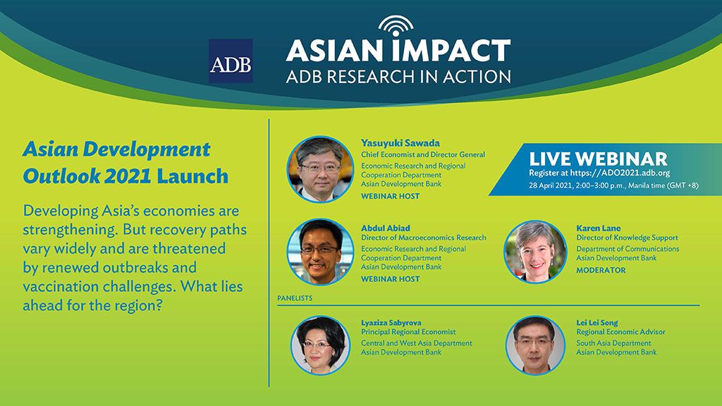 ADBChiefEcon's tweet photo. Will #Asia bounce back in terms of #EconomicGrowth this year? Tune in to tomorrow’s #AsianDevelopment Outlook launch as the #ADB team and I discuss our forecasts. Sign up for the LIVE #ADO2021 webinar: https://t.co/vMPayy5uwB https://t.co/qCJbFBCjl9
