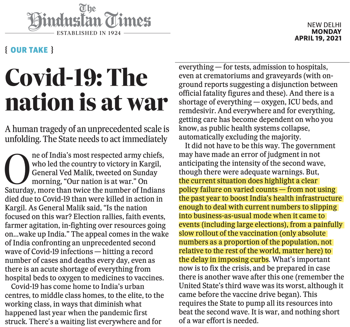 "the current situation does highlight a clear policy failure on varied counts" —a "policy failure" that comes at the COST of lives of Indians.