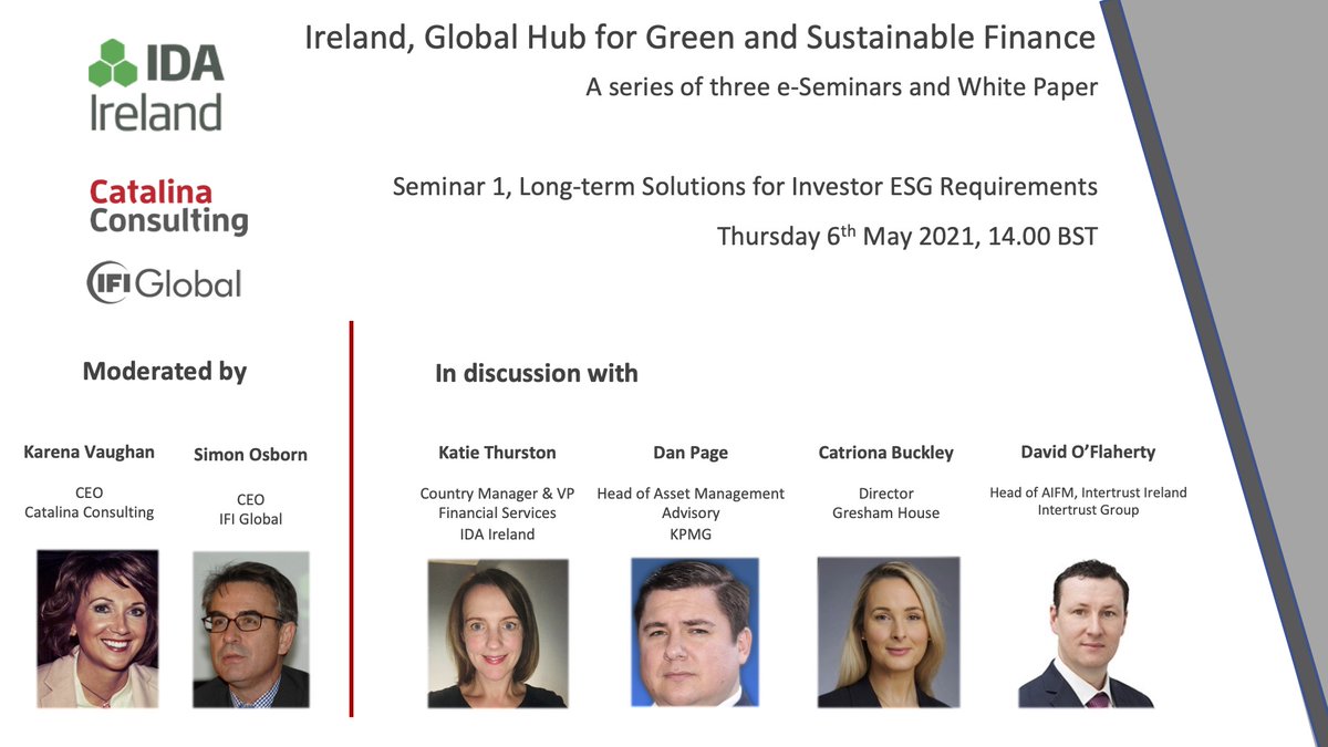 Join us on Thursday 6th May, 14.00, as we explore the rapid progress of #ESG in #Ireland, providing long-term solutions for #investor ESG requirements. Hosted by <a href="/IDAIRELAND/">IDA Ireland</a>, and in partnership with <a href="/IFIGlobal/">IFI Global Ltd.</a>  
Register: us02web.zoom.us/webinar/regist… #cleantech #irishfunds #esgdata