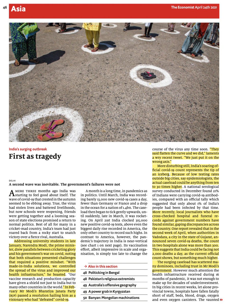 "Worse still was the government’s seeming indifference to the mounting tragedy. Even as the scale of India’s second wave grew obvious, Mr Modi and his top ministers actually encouraged vast gatherings, both at their own giant election rallies and at the Kumbh Mela"